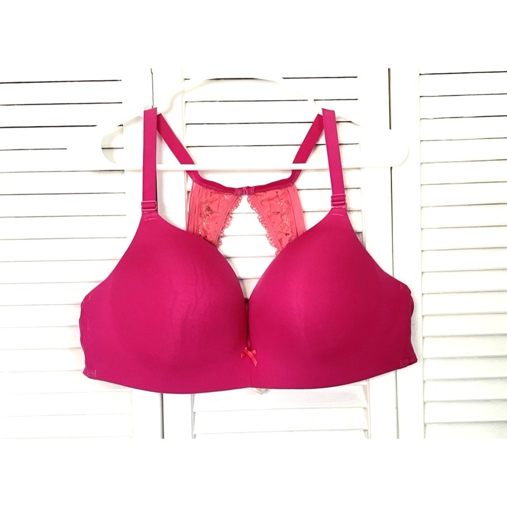 Cacique Simply Wire Free Plunge Bra Size 40D Pink Racerback Lace Molded Cups